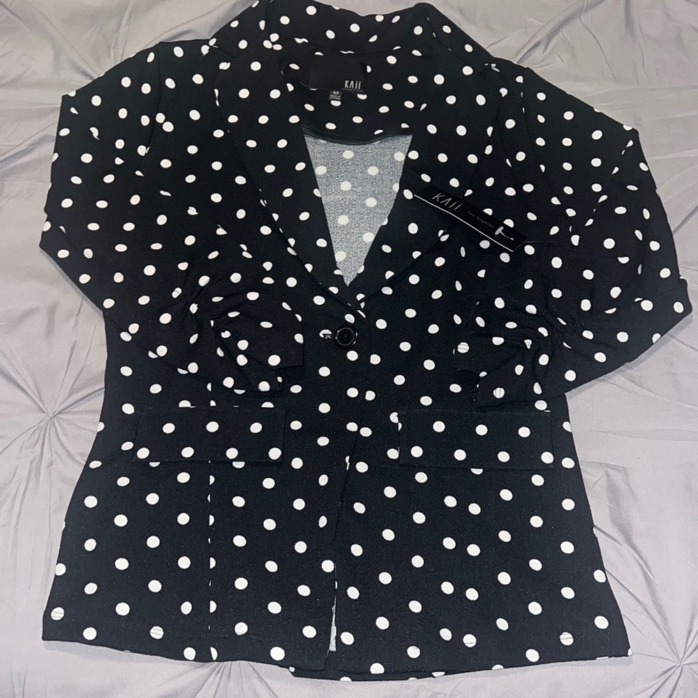 Kaii Black Polka Dot Tailored Design Ruched Sleeve Blazer NWT - Picture 5 of 16